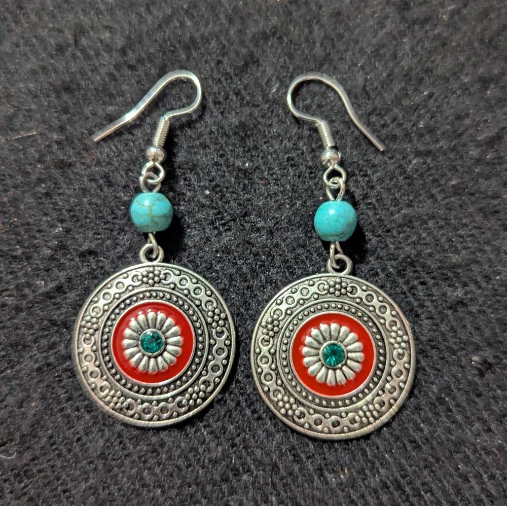 Silver Tone Blue Bead Red Enamel Bohemian Style Dangle Statement Earrings